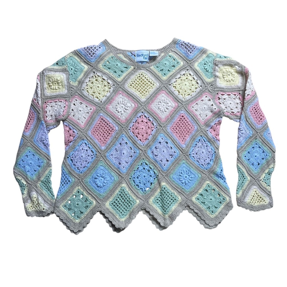 Vintage Bedford Fair Crochet Patchwork Scoop Neck Sweater - Pastel Multi